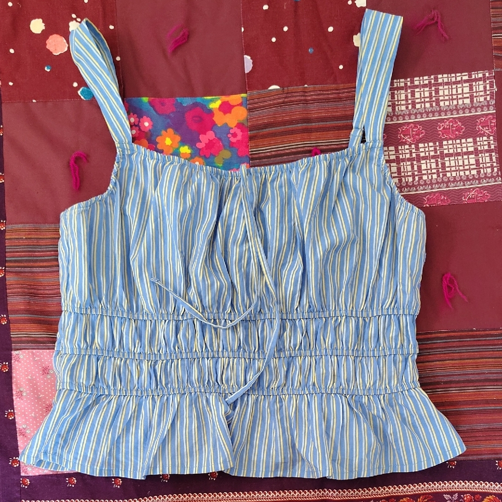Blue Striped Smocked Ruffle Hem Camisole
